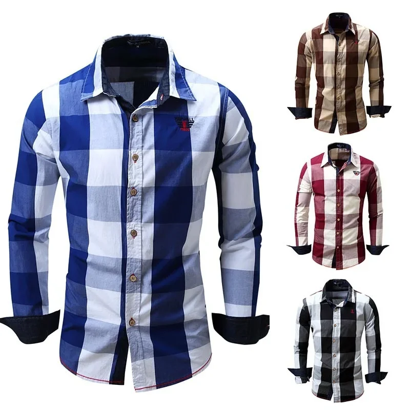 

2023 Autumn New European and American Men's Casual Long Sleeved Shirt Slim Fit Plaid Contrast Shirt Men's Top