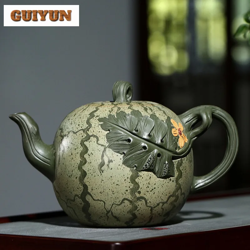 710ml Exquisite Yixing Purple Clay Teapot Handmade Bionic Watermelon Pot Raw Ore Powdered Green Mud Mud Kettle Zisha Teaset Gift