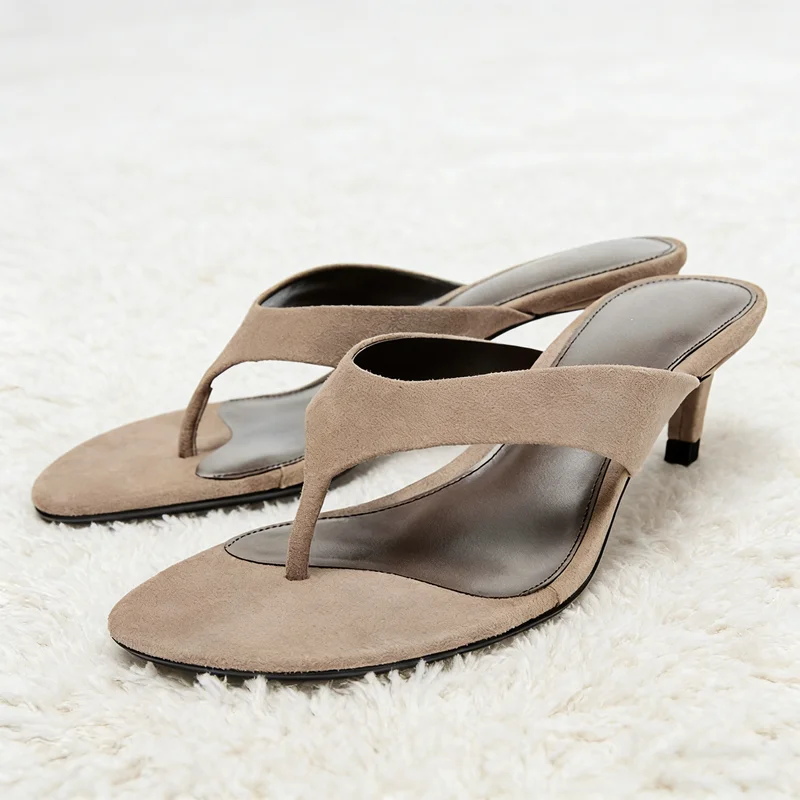 

Luxury Designer Faux Suede Women's Slippers Sexy Round-Toe Flip-Flops Comfort Summer High-Heeled Sandals for Ladies Beach Shoes