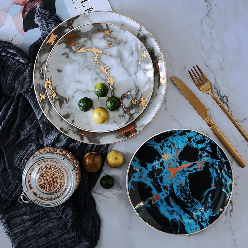 

8 and 10 Inch Marble Ceramic Plate Unique Dinner Set Dish Dessert Plate Wholesale Dinnerware Cake Tray