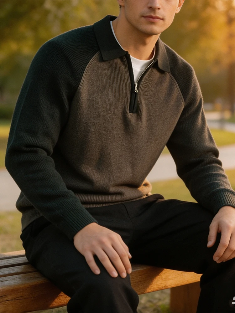 2026 Spring Autumn Knit Polo Shirts Mens Fashionable Contrast Color Long Sleeve Top Vintage Turn-down Collar Knitted Pullover