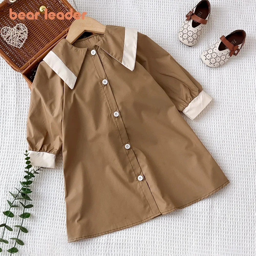 

Bear Leader Autumn Long Sleeved Single Breasted Shirt Dress Kids Clothes Korean Version Khaki Color blocked Lapel Girls Dresses