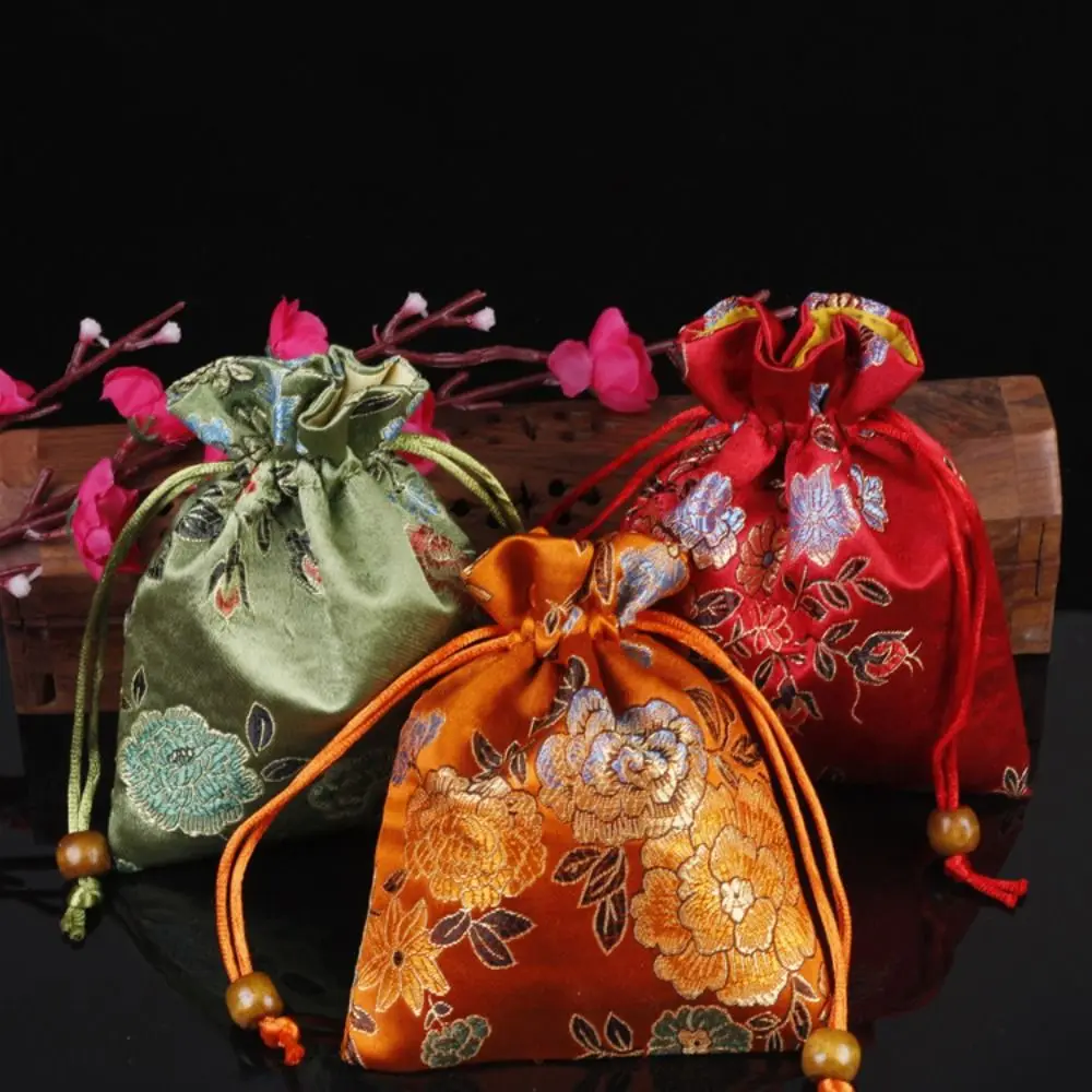 Floral Embroidery Flower Drawstring Bag Chinese Style Coin Purse Jewelry Packing Bag Bucket Bag Candy Bag Festive Sugar Bag