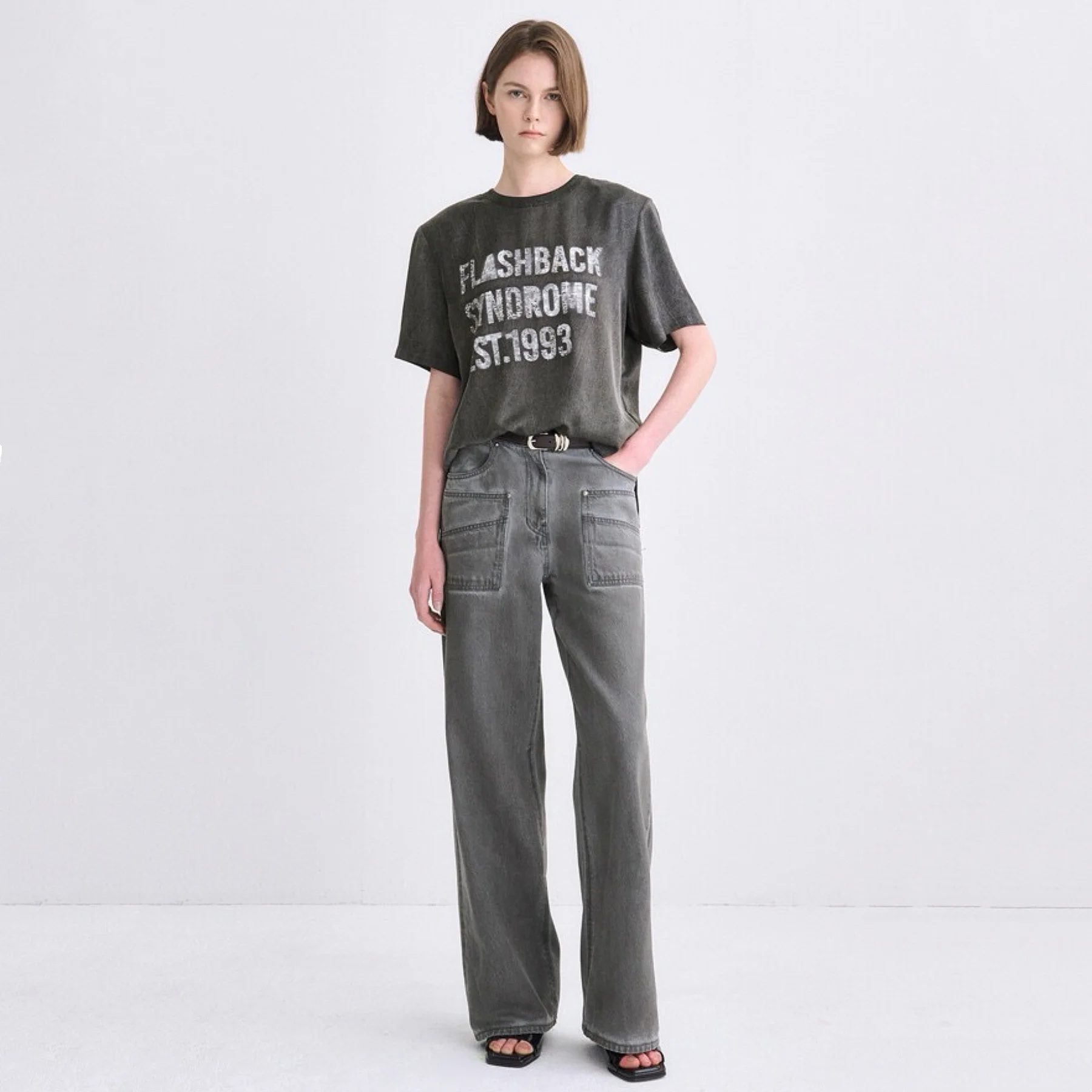 Tim25 Lemon Cheese 2025 Autumn Commuter Casual Straight Leg Long Pants Belted Versatile Loose Fit Natural Waist No Stretch