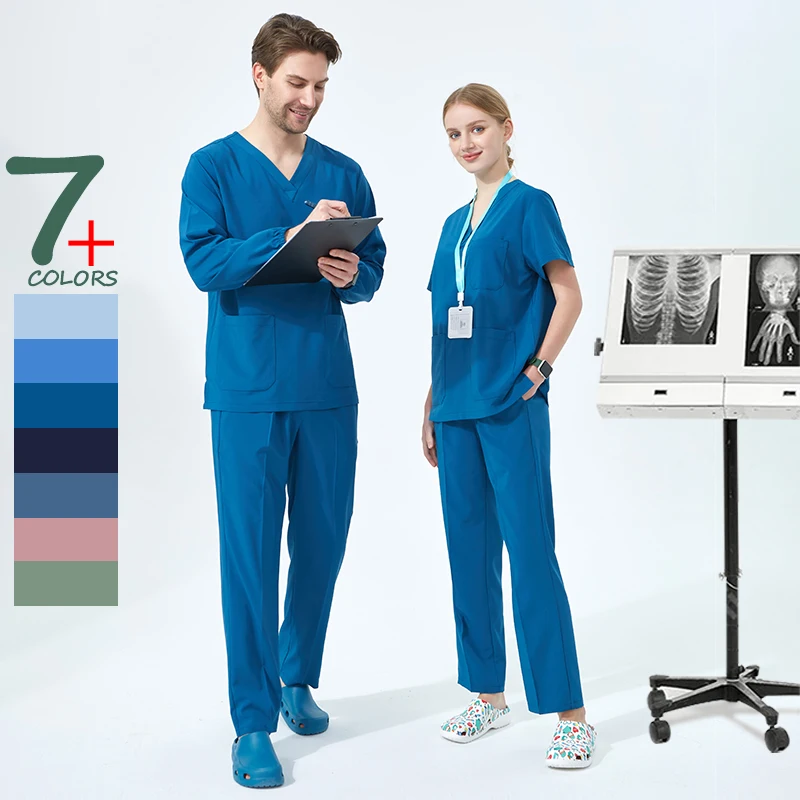 Blue Color Nurse Doctor Uniforms Durable Surgical Scrub Sets Pet Store Working Clothes 4-way Stretch Medical Staff Outfit S01