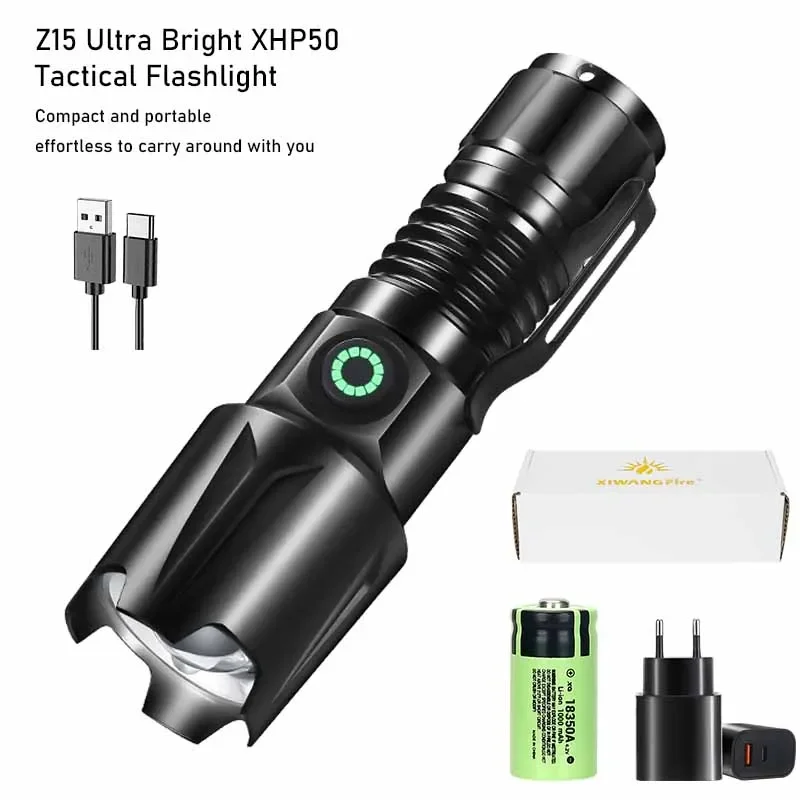 

Powerful Z15 Ultra Bright XHP50 LED Flashlight USB Rechargeable MINI EDC Lantem with Power Display Riding Camping Outdoor Torch