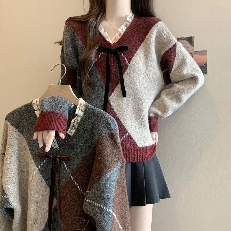 Pull en tricot à col en V avec nœud à lacets pour femme, patchwork de dentelle, grille de diamant rétro, bloquant les documents, haut d'automne et d'hiver
