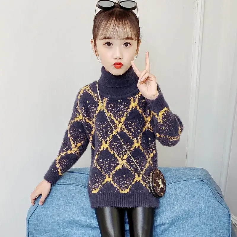 Girls Sweater for Autumn and Winter New Girls Fashion Children\'s High Neck Plush Sweater Winter Baby Girl Clothes Kids 2-12 Year