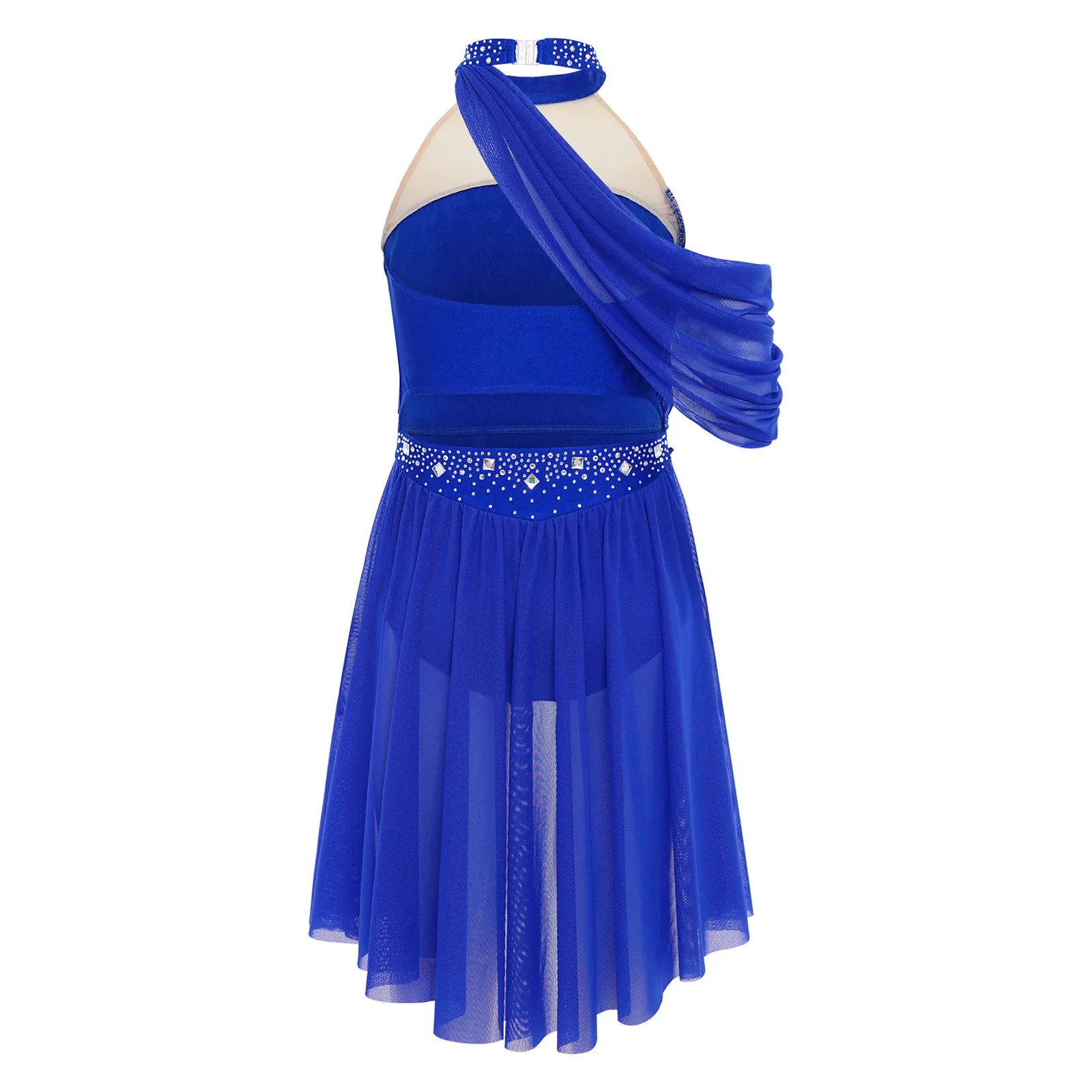 Maillot de Ballet pour enfants filles, strass brillants, Costume de spectacle de danse lyrique, col licou, dos nu, froncé, drapé en maille, justaucorps