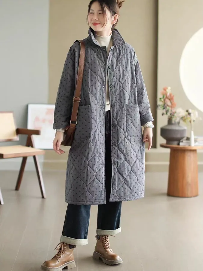 

Теплое хлопковое женское зимнее повседневное свободное хлопковое пальто средней длины с волнистым принтом в горошек Dr Qing a Po