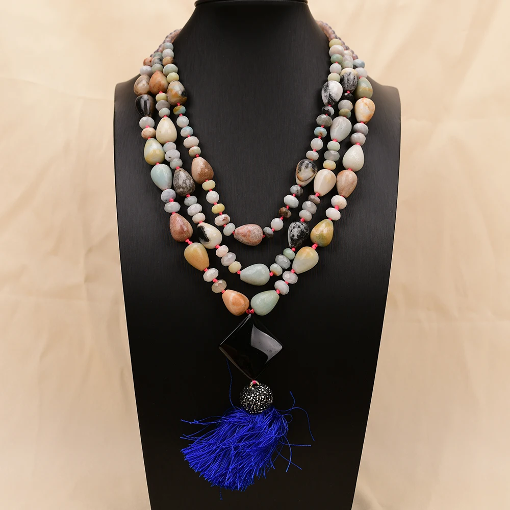 APDGG A03 Handmade 3 Rows Natural Mix Stone Amazonite Agate Multi Strands Necklace