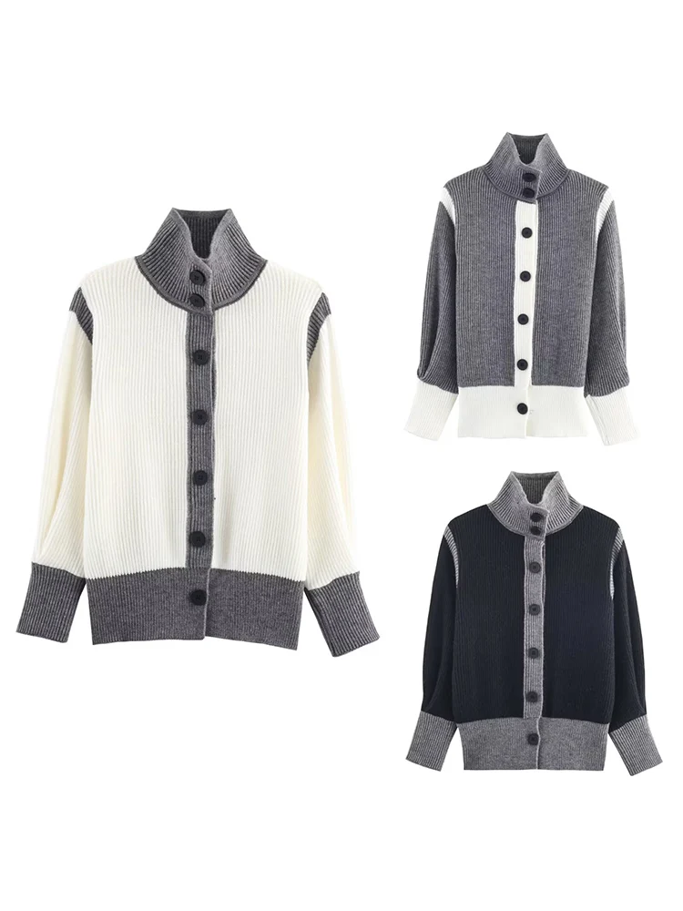 

Осенний женский новый ленивый стиль в европейском и американском стиле, свободный вязаный кардиган контрастного цвета с высоким воротником и лацканами