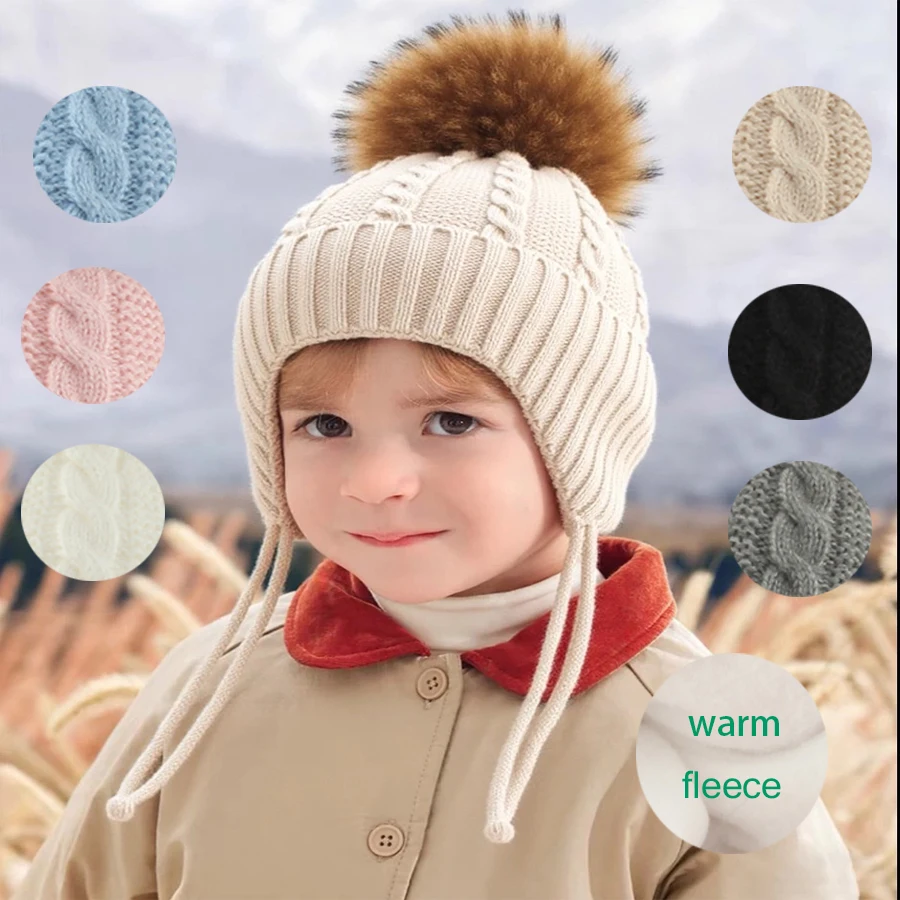 

Real Raccoon Fur Pompom Hat Children Girl Boy Winter Warm Fleece Knitted Wool Beanies For Kids Outdoor Thick Earflap Baby Cap