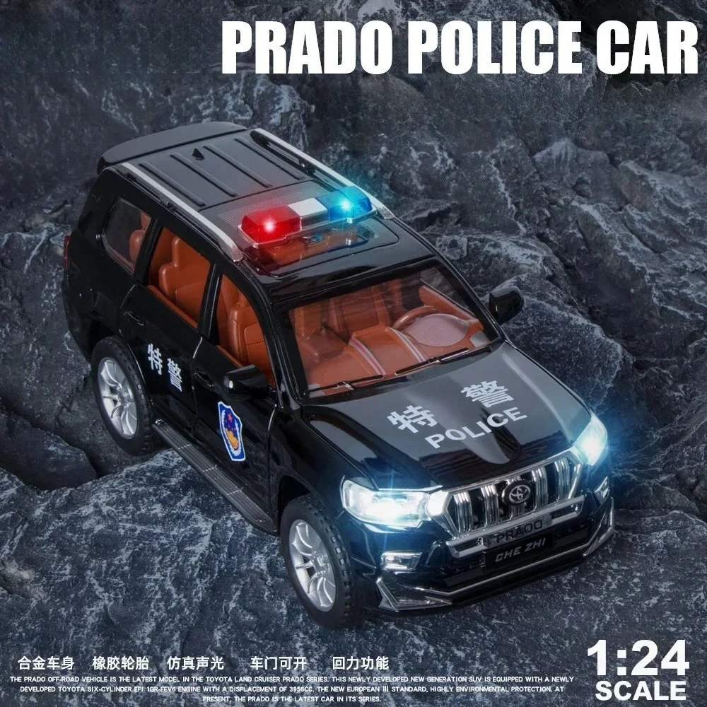 Coche de policía Prado 1:24, modelo de aleación de alta simulación, luz de sonido, juguetes para niños, regalos, modelo de coche de aleación fundido a presión coleccionable