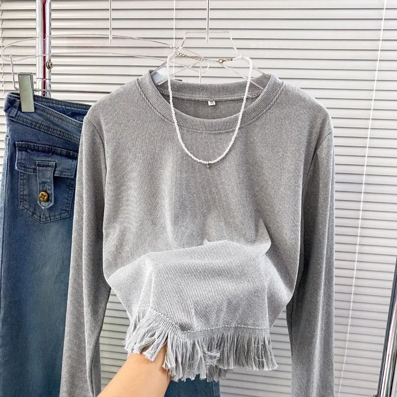 

Women's Solid Color Pullover Round Neck Tassel Autumn and Winter Slim Round Neck Long Sleeve T-Shirt Irregular Top