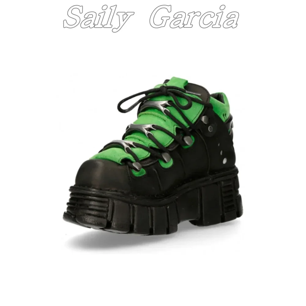 Genuine Leather Thick Bottom Punk Style Lace Up Women Shoes Mixed Color Round Toe Cool Girl Shoes Large Size Y2K Women Shoes