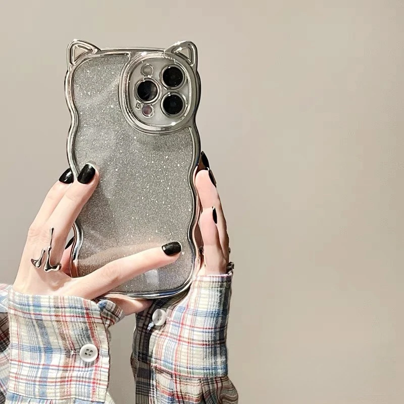 

Electroplated Silver Glitter Cat Ear Phone Case Compatible with IPhone 16/15/14 Thickened Shockproof and Drop-Resistant Design