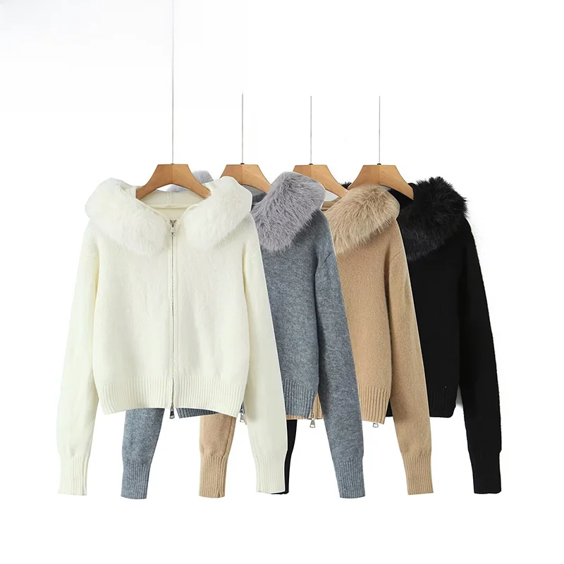 Fashionable Faux Fur Collar Zipper Cardigan Sweater ZR Summer New Arrival Women's Polyester Fiber Standard Fit Short Coat