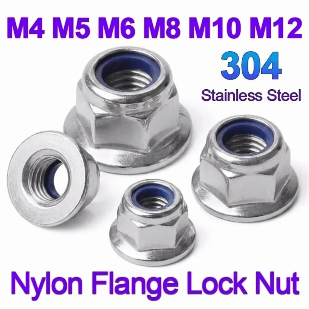 New Stainless Steel Flange Lock Nuts Anti Loose Nylon Insert Nylon Lock Nuts Silver Serrated Nuts GB Standard