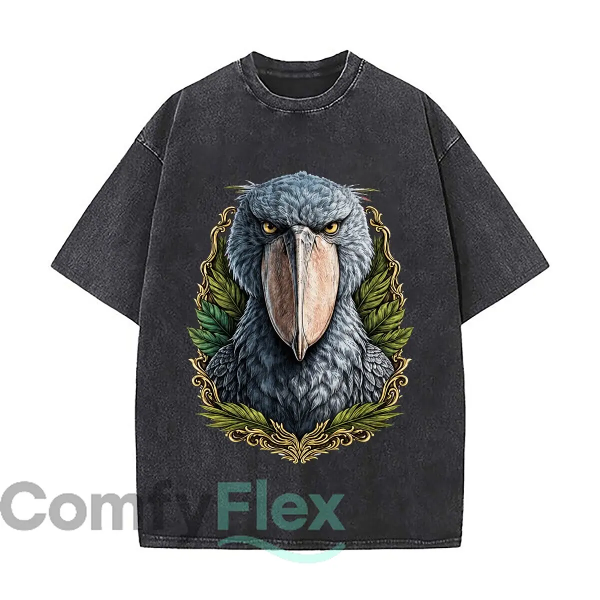 Majestic Shoebill Stork Portrait Ornate Leaf Frame Vintage Distressed Loose Streetwear Tops for Campus Days