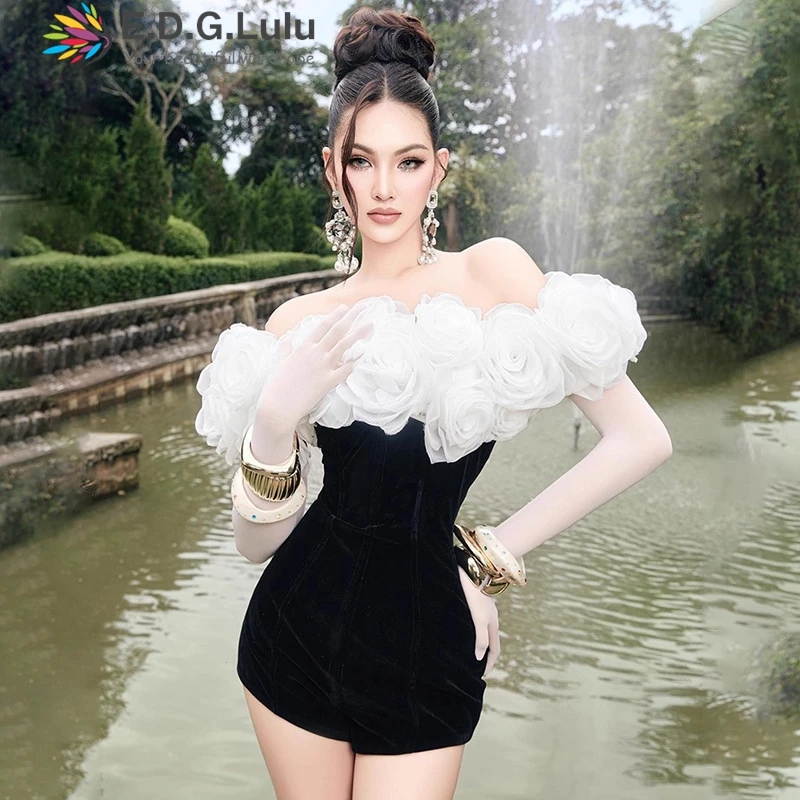 

EDGLuLu High Quality White Three-Dimensional Flower Splicing Black Jumpsuit Shorts Sexy Off Shoulder Short Sleeved Jumpsuit 0902