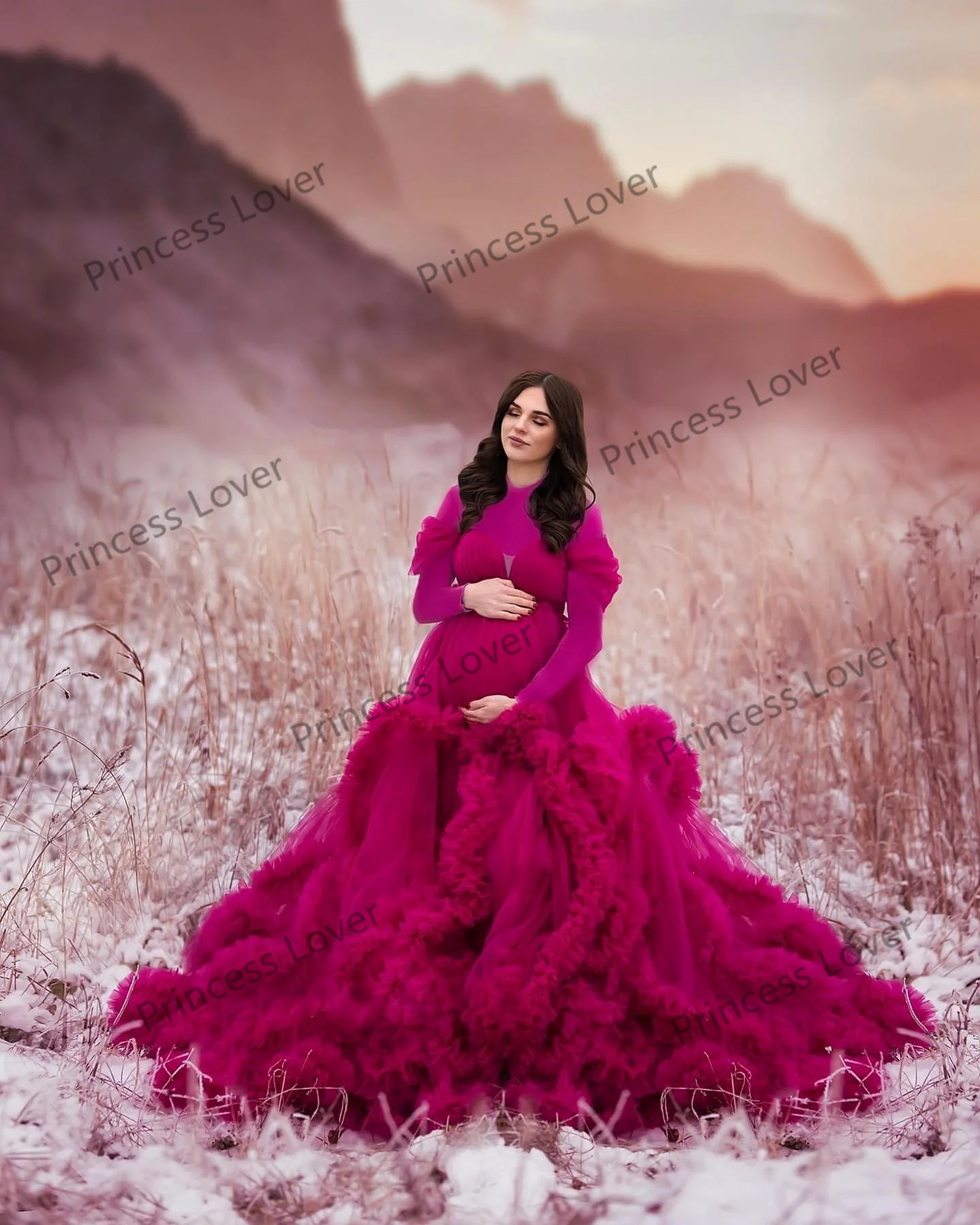 2 Pcs Prom Dresses Women Fuchsia Maxi Gown Full Sleeves Bodycon Dress Tulle Ruffles Ladies Baby Shower Vestidos Novia