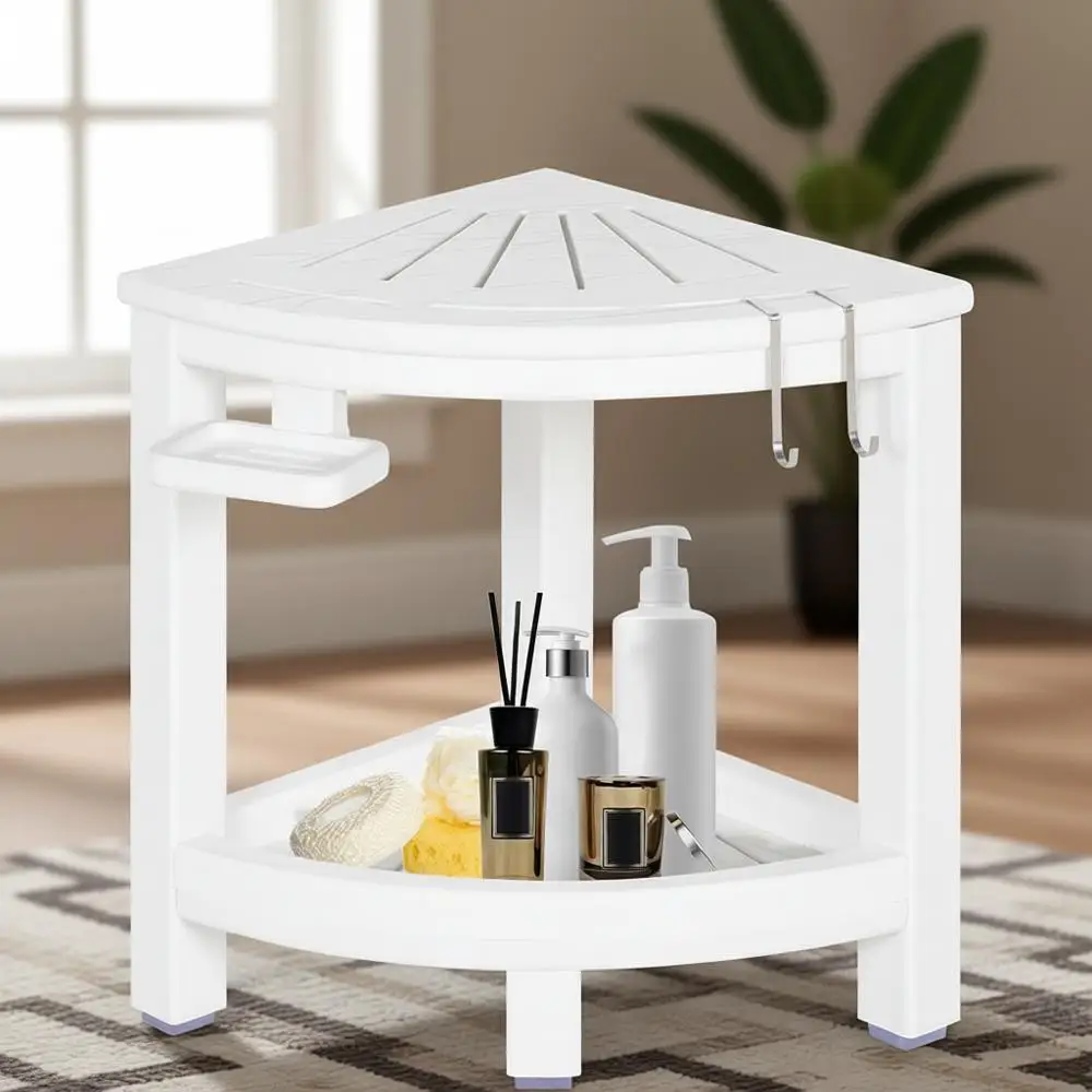 

2-Tier Shower Stool with Hooks, Soap Dish, and Non-Slip Feet, Waterproof Seat for Shower or Shaving