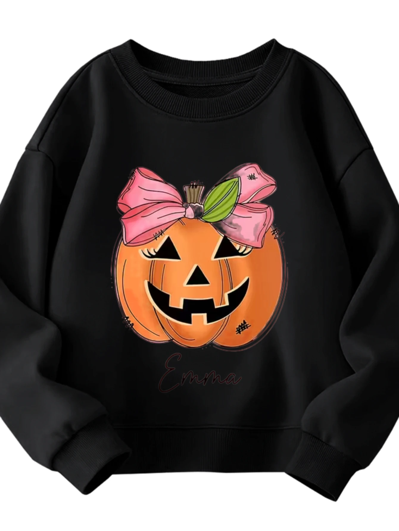 سويت شيرت للأطفال برقبة دائرية على شكل يقطين الهالوين مع فيونكة وردية ونص إيما بلوفر أبيض لملابس عطلة الخريف