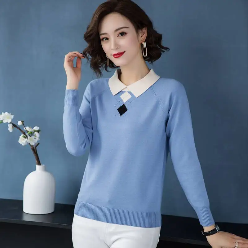 Women Clothing Korean Fashion Contrast Color Elegant Chic Knitted Sweater Autumn Polo Collar Long Sleeve All Match Pullover Tops