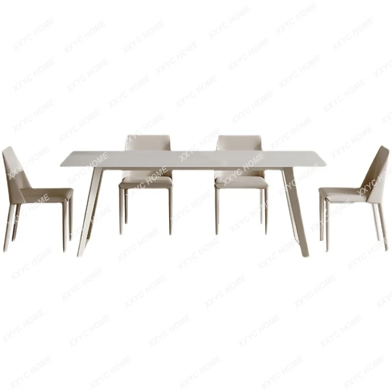 Cream Style Stone Plate Dining Tables and Chairs Set White Small Apartment Rectangular Italian Minimalist Dining Table