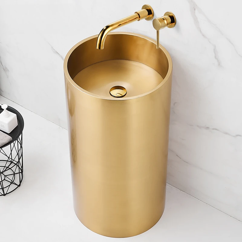 304 stainless steel circular washbasin hotel KTV light luxury ins gold column basin floor standing washbasin