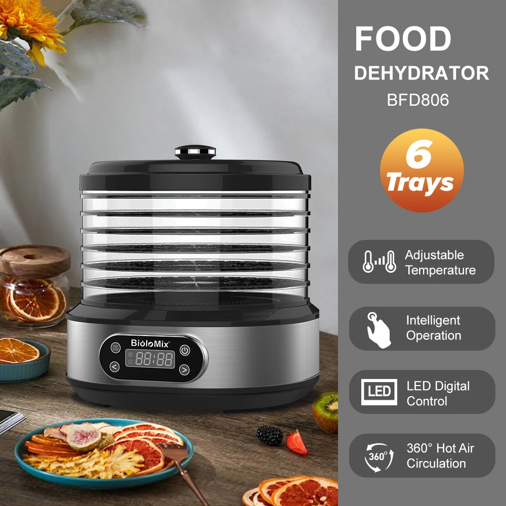 BioloMix Essiccatore per alimenti a 5 vassoi senza BPA con timer digitale e controllo della temperatura per frutta, verdura, carne secca