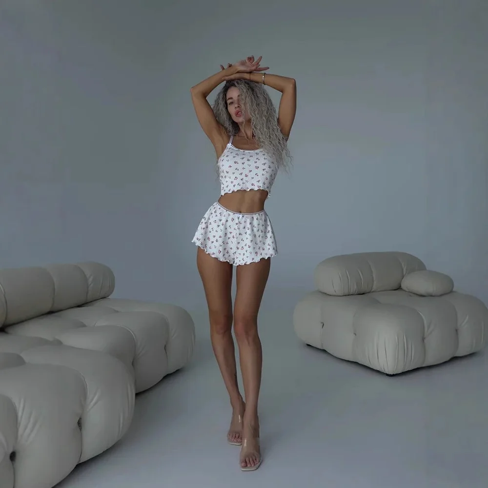 

New Stylish Spaghetti Strap Short Set Pajamas, Summer Fresh Floral Print Low-waist Home Sleepwear Two-piece Set