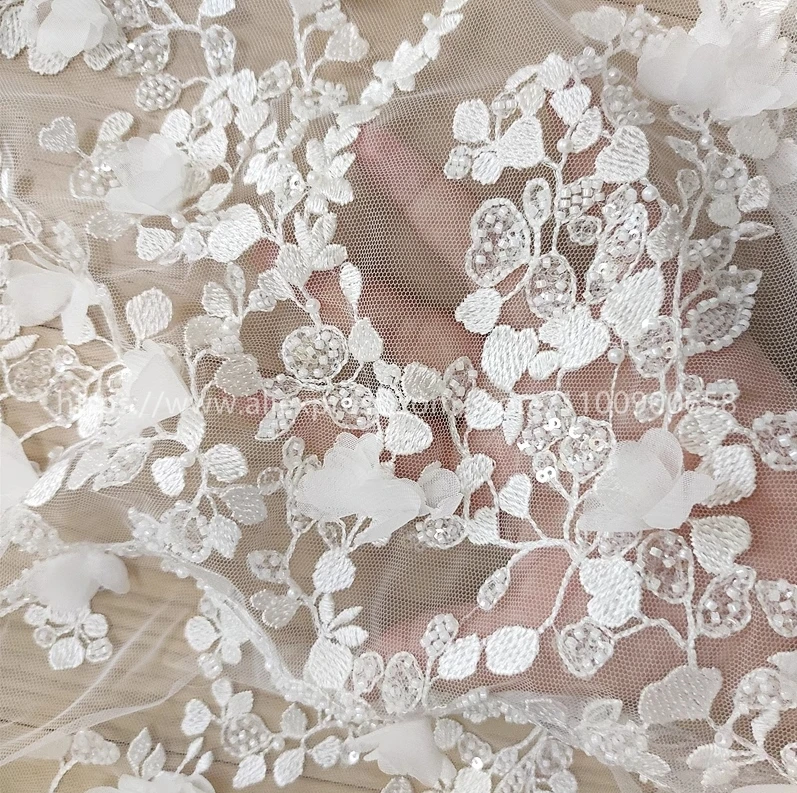 3D Beaded Embroidery Lace Fabric, Laser Chiffon Flowers Applique, Sewing Fabric for Wedding Dresses, Off White, High Quality