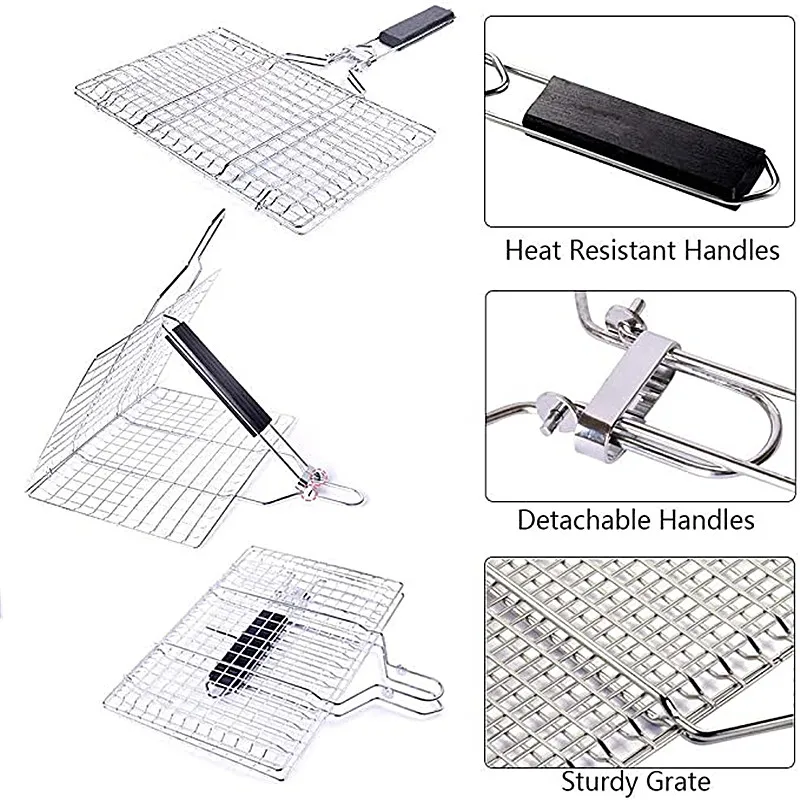 Barbecue Basket Stainless Steel Detachable Folding Square Grill For Roasting Fish Shrimp And Kabob Vegetables On The Stove