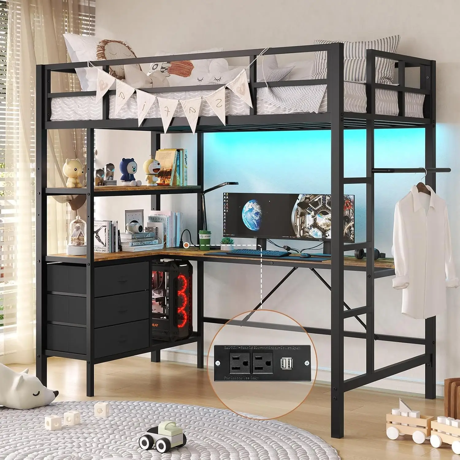

Twin Loft Bed with L Shaped Desk LED Lights Charging Station Storage Shelves