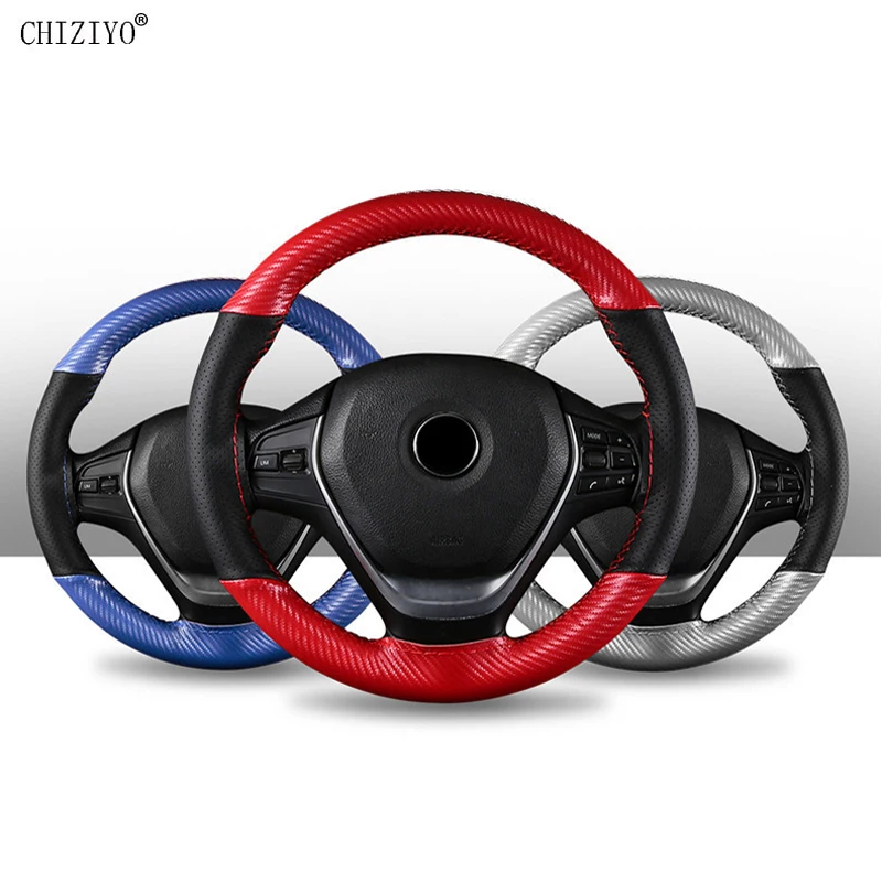 Braid Car Steering Wheel Cover Decoration Carbon Fiber Microfiber Leather With Needles Thread Splice Covers Sports Fashion 38cm