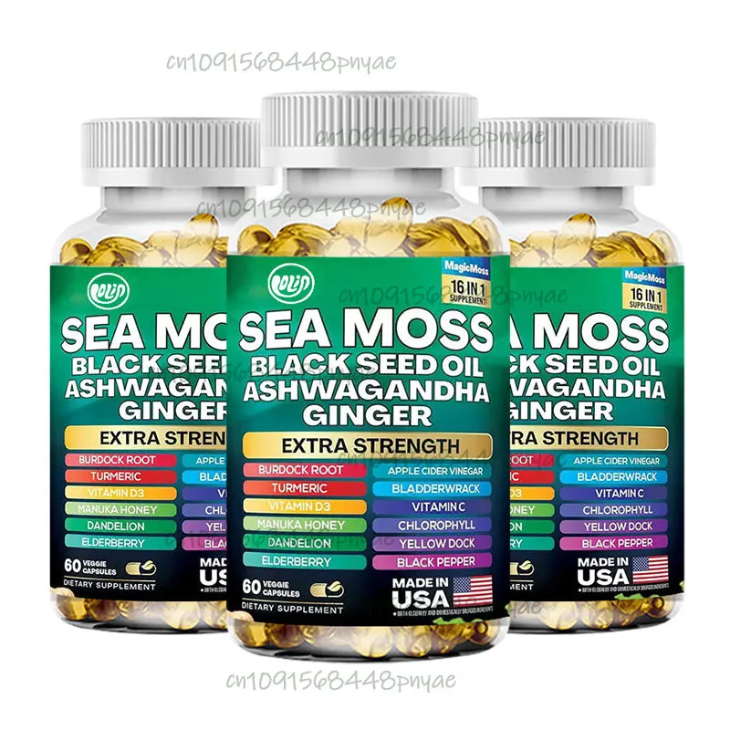 Algas marinas, aceite de semilla negra, berenjena bebida sudafricana, cúrcuma, bardana, jengibre, vitamina que contiene saúco