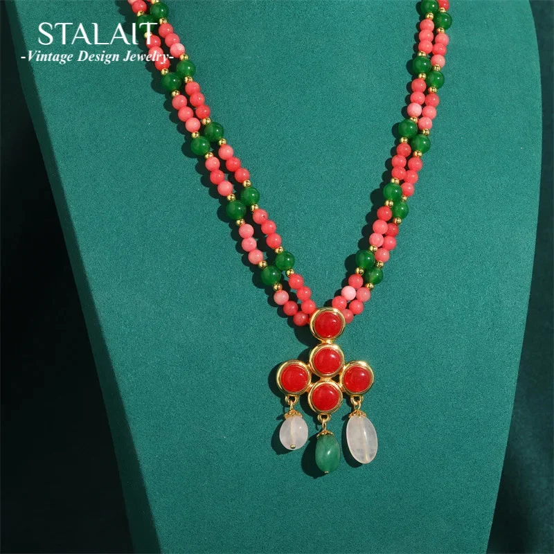 

French Bohemian Pink Natural Stone Layered Beaded Necklace Drop Tassel Pendant Boho Vintage Fairy Choker Jade Chains Jewelry