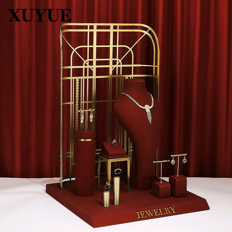 

Jewelry display stand wine red jewelry props high-end metal necklace ring window jewelry display stand set