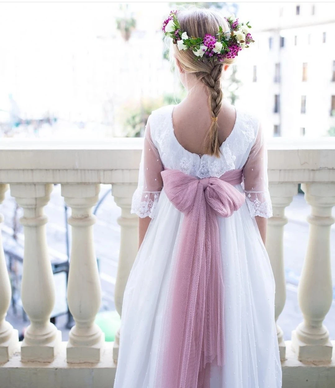 Robes de demoiselle d'honneur en dentelle blanche pour enfants, manches mi-longues, ceinture à nœud, appliques en tulle, longue robe de fête de mariage, robe d'anniversaire, robe de première communion