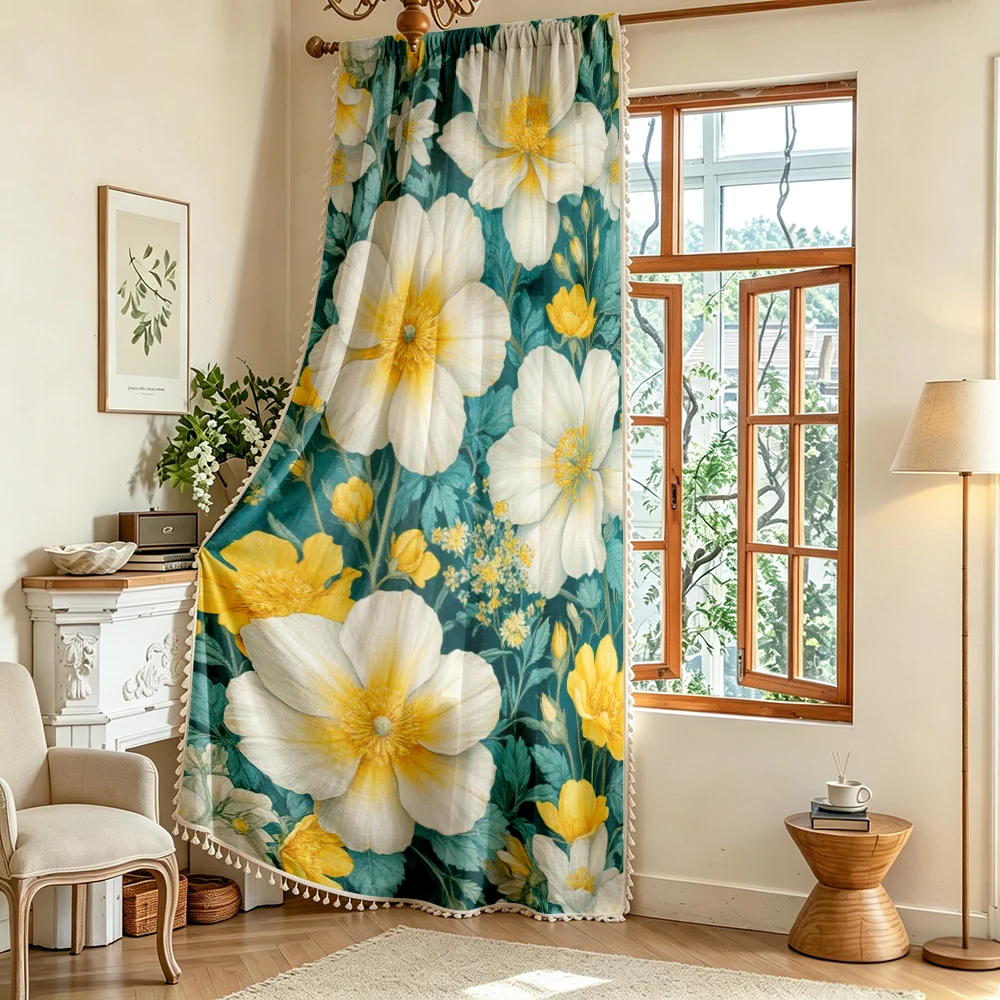 1PC Floral Tassel Sheer Curtains, White Yellow Large Flower Leaf Pattern, Digital Print, Linen Polyester, Living Room Decoration