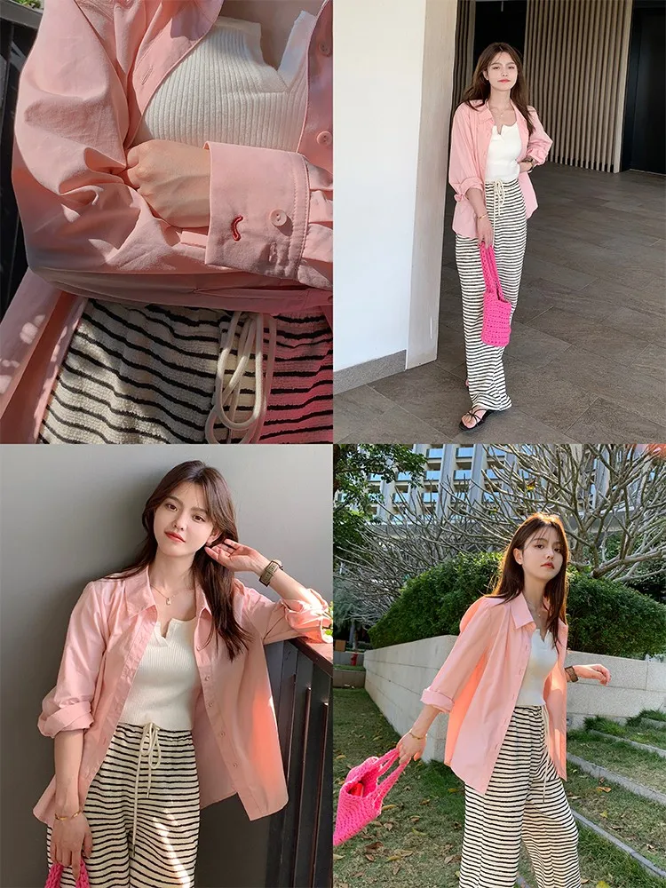 

Loose Casual Long Sve Women's irt Embroidered Smiling Face Pink Blue White Cotton Blend Comfortable Breathable Top