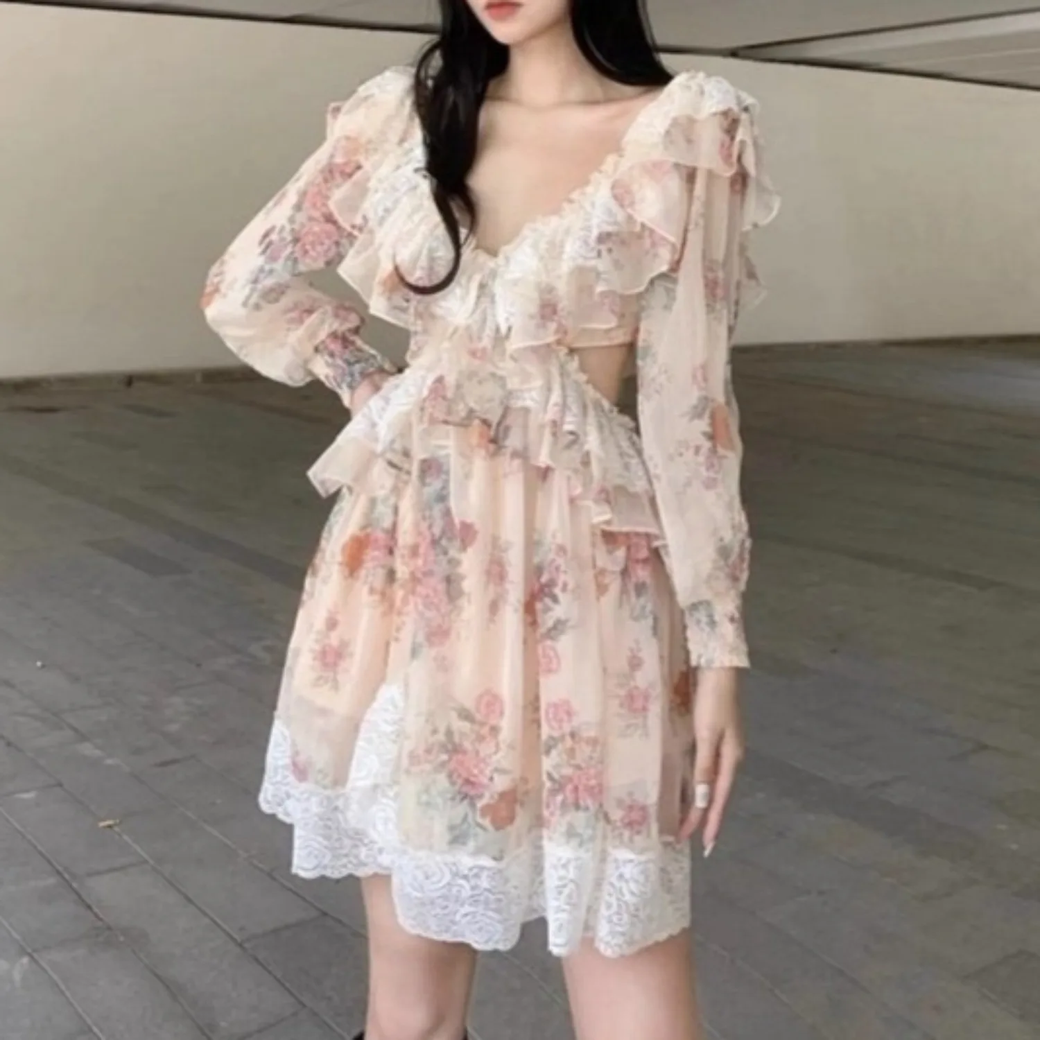 

Flora Print Hollow Out Long Sleeve Dress Women Lace Patch Elegant Vestidos Bodycon Streetwear Chic Cloth Lady