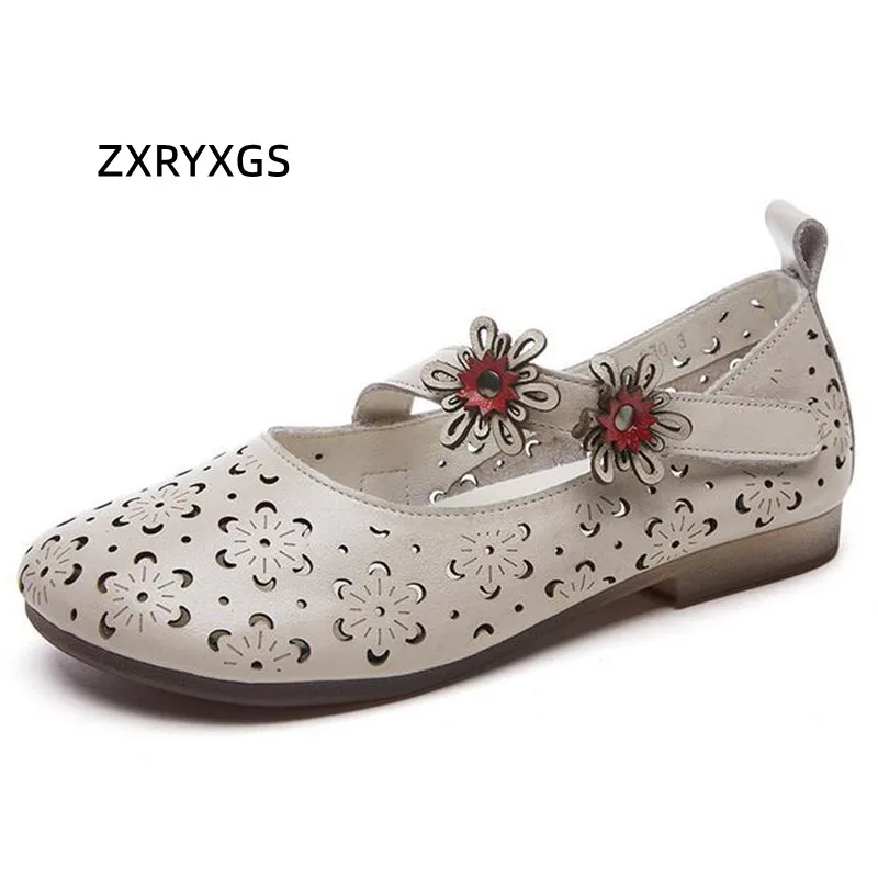 

ZXRYXGS Retro Style Spring Summer Flats 2024 New Soft Cowhide Flowers Hollow Women Sandal Shoes Breathable Soft Leather Sandals