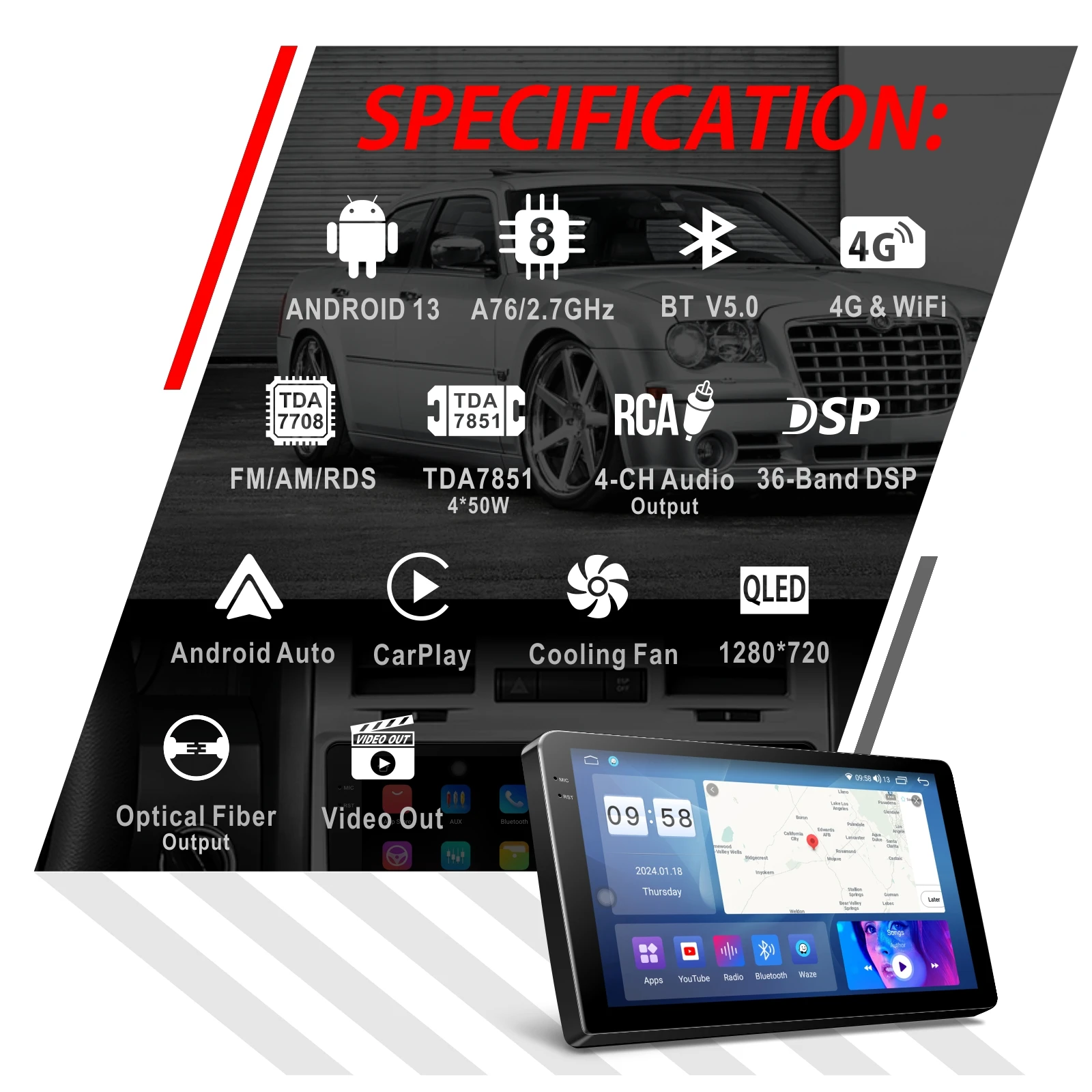 DPM6310P 10" 2K Android Car Radio Stereo Player Wireless CarPlay Touch Screen Multimedia System with Navigation Bluetooth DSP