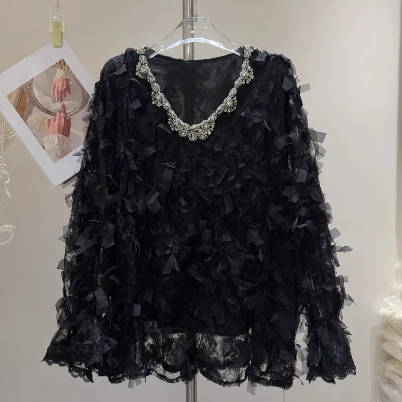 2025 Spring New French Sweet Heavy Industry Diamond-encrusted Design Loose and Thin Lace Shirt Solid Color Top For Women