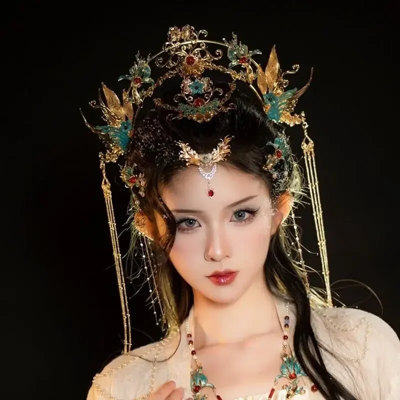 

Chinese Hanfu Hair Crown Women Traditional Vintage Alloy Tassel Bride Crown Hanfu Accessories Hairpin Hair Crown Eyebrow Pendant