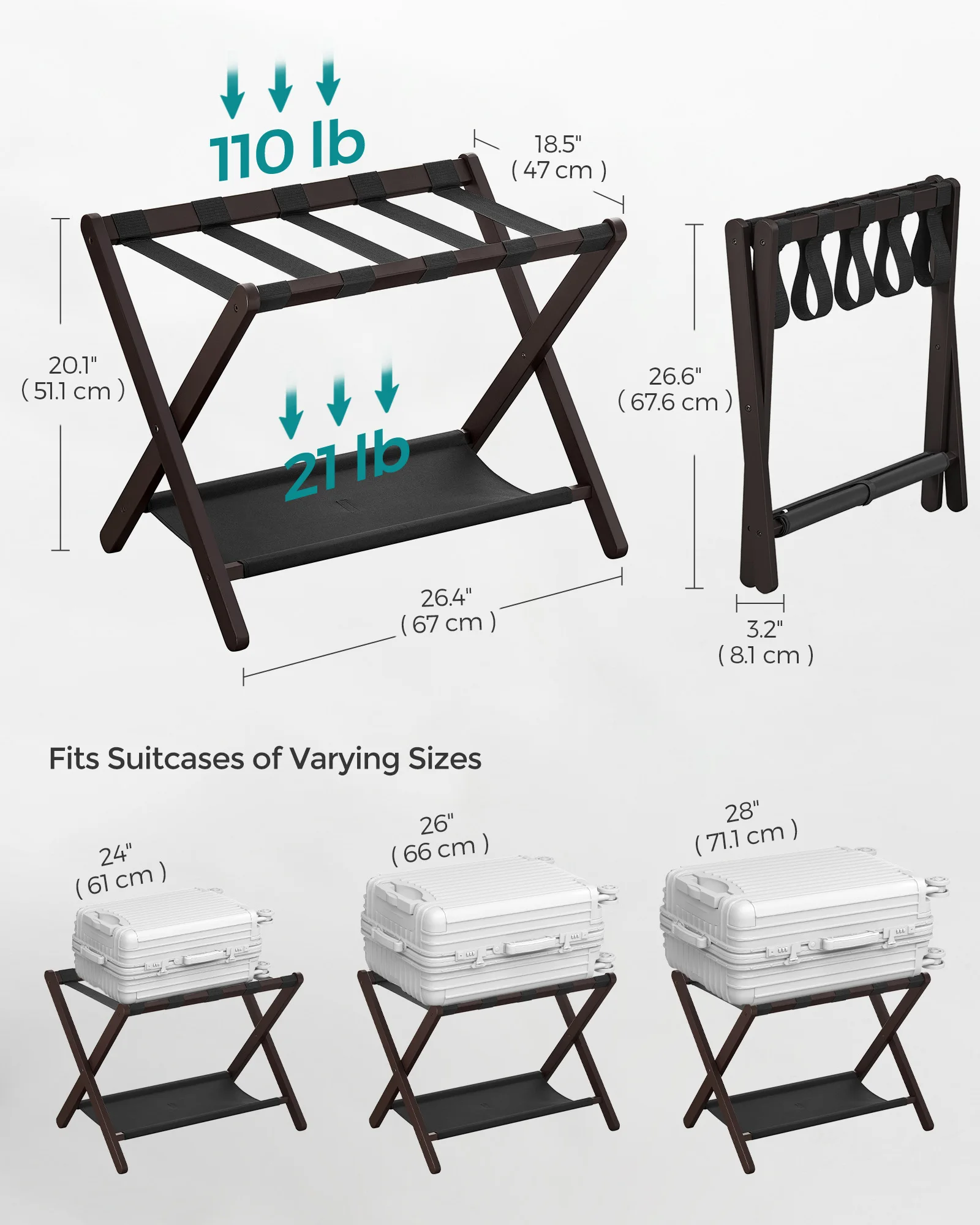 SONGMICS Luggage Rack, Set of 2, Folding Suitcase Stand with Storage Shelf, for Guest Room, Hotel, Bedroom, Heavy-Duty