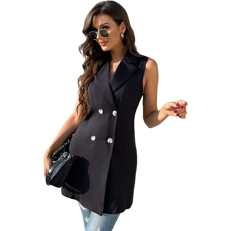 SCY Women's Double Breasted Long Vest Jacket Casual Sleeveless Pocket Outerwear Longline